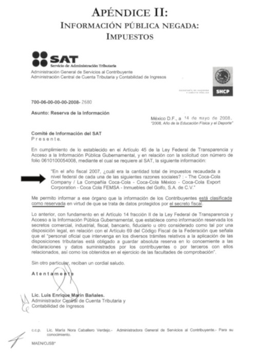 Negativa del SAT a entregar información sobre Coca-Cola